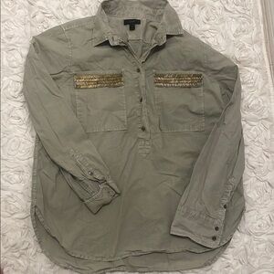 J. Crew Olive Button Down Shirt with Gold Accents